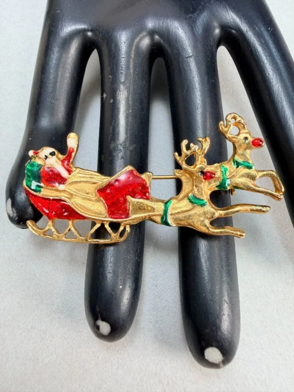 Vintage Santa Claus Sleigh Reindeer Brooch Gold Tone Enamel Christmas Pin